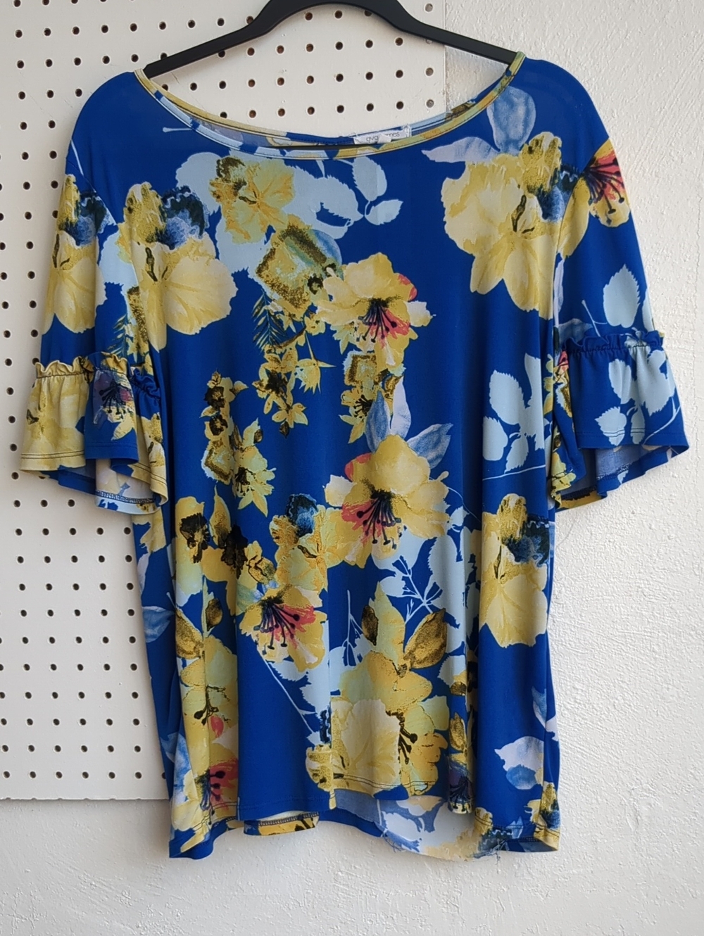 Women's Blue Floral Ruffle Sleeve Blouse